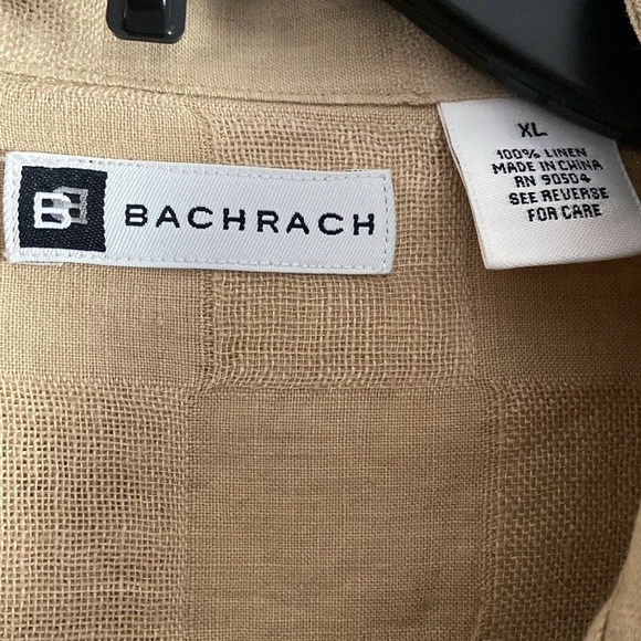 Bachrach Tan 100% Linen Checkered Button Down Casual Short Sleeve Shirt Size XL - Picture 2 of 4